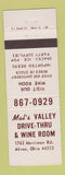 Matchbook Cover - Mal's Valley Drive Thru Wine Room Liquor Akron OH
