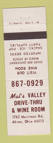 Matchbook Cover - Mal's Valley Drive Thru Wine Room Liquor Akron OH