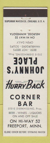 Matchbook Cover - Corner Bar Johnny's Place Melrose Freeport MN