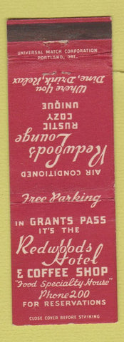 Matchbook Cover - Redwoods Hotel Grants Pass OR