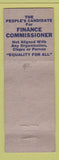 Matchbook Cover - T Harry Vicker Finance Commissioner Election