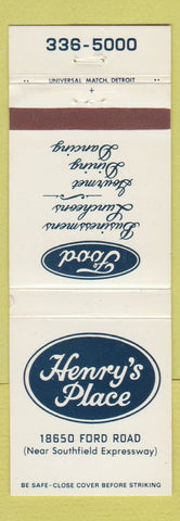 Matchbook Cover - Henry's Place Restaurant Southfield MI