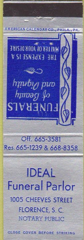 Matchbook Cover - Ideal Funeral Parlors Florence SC