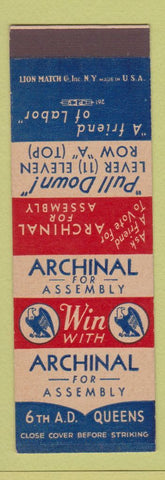 Matchbook Cover - Archinal for Assembly Election Queens New York City SAMPLE