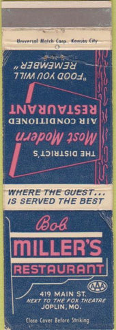 Matchbook Cover - Bob Millers Restaurant Joplin MO WEAR