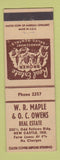Matchbook Cover - WR Maple OC Owens Real Estate New Castle IN