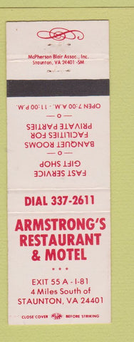 Matchbook Cover - Armstrong's Restaurant Motel Staunton VA