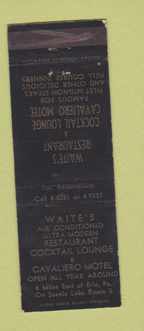 Matchbook Cover - Waite's Restaurant Cavaliero Motel Erie PA WEAR