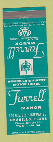 Matchbook Cover - Farrell Manor Amarillo TX Route 66