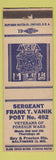Matchbook Cover - VFW Sergeant Frank Vanik Post Baltimore MD