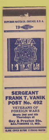 Matchbook Cover - VFW Sergeant Frank Vanik Post Baltimore MD