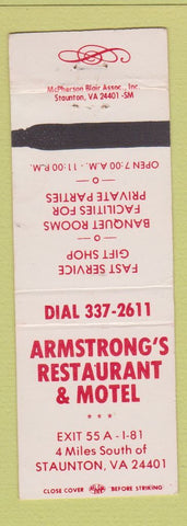 Matchbook Cover - Armstrong's Restaurant Motel Staunton VA