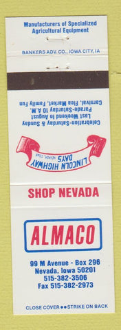 Matchbook Cover - Almaco Nevada IA Agricultural Equipment Lincoln Highway Days