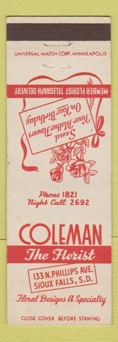 Matchbook Cover - Coleman Flowers Florist Sioux Falls SD