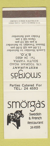 Matchbook Cover - Smorgas Swedish French Restaurant South Yarra Australia SAMPLE