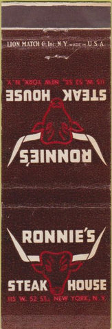 Matchbook Cover - Ronnie's Steak House New York City