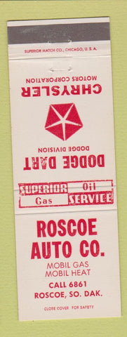 Matchbook Cover - Roscoe Auto Dodge Dart Chrysler Roscoe SD Mobil oil gas