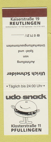 Matchbook Cover - Udo Snack Pfullingen Reutlingen SAMPLE