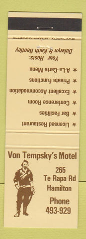 Matchbook Cover - Von Tempsky's Motel Hamilton New Zealand
