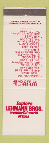 Matchbook Cover - Lehmann Brothers Tiles Alexandria Blacktown Kirawee Australia