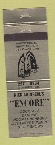 Matchbook Cover - Nick Monreal's Encore Milwaukee WI