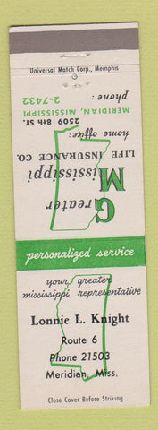 Matchbook Cover - Greater Mississippi Life Insurance Lonnie Knight Meridian MS