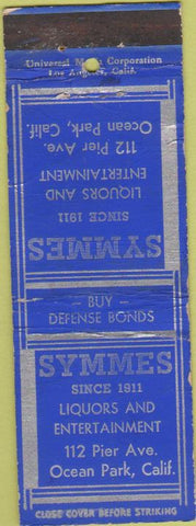 Matchbook Cover - Symmes Liquors restaurant Ocean Park CA