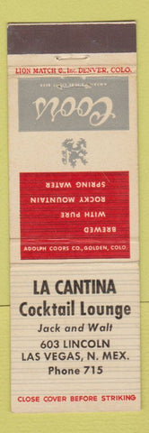 Matchbook Cover - Coors Beer La Cantina Las Vegas NM low phone #