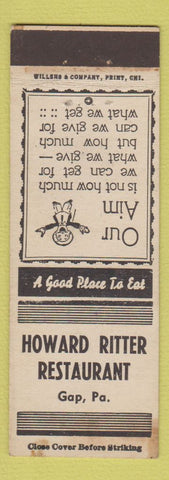 Matchbook Cover - Howard Ritter Restaurant Gap PA
