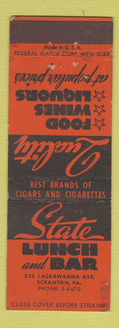 Matchbook Cover - State Lunch Bar Scranton PA Federal