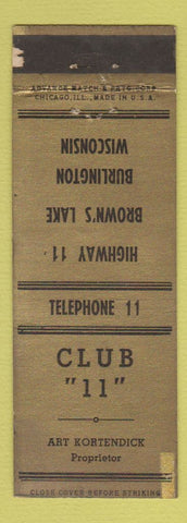 Matchbook Cover - Club 11 Burlington WI ADVANCE WEAR