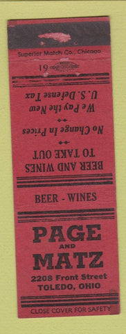 Matchbook Cover - Page and Matz Liquor Toledo OH WORN