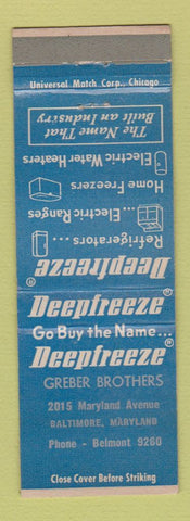 Matchbook Cover - Deepfreeze Appliances Greber Bros Baltimore MD WEAR