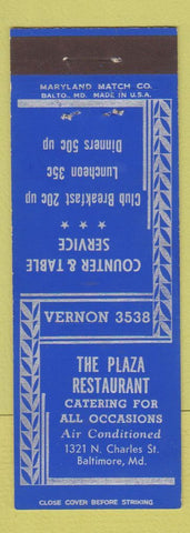 Matchbook Cover - Plaza Restaurant Baltimore MD