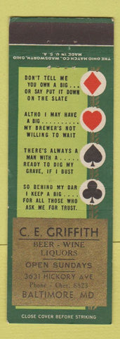 Matchbook Cover - CE Griffith Baltimore MD bar?
