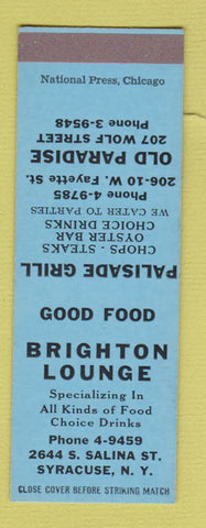 Matchbook Cover - Brighton Lounge Palisade Grill Syracuse NY SAMPLE