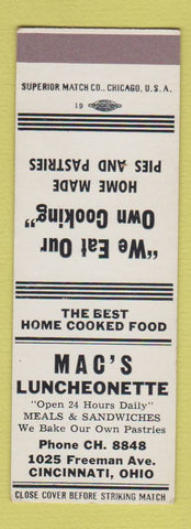 Matchbook Cover - Mac's Luncheonette Cincinnati OH SAMPLE