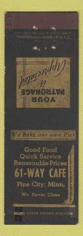 Matchbook Cover - 61 Way Cafe Pine City MN ADVANCE