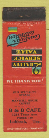 Matchbook Cover - B&B Cafe Lubbock TX