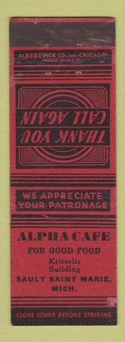 Matchbook Cover - Alpha Cafe Sault St Marie MI