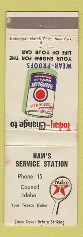 Matchbook Cover - Texaco oil gas Ham's Council ID low phone # Valvoline