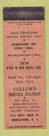 Matchbook Cover - Cullum's Service oil gas Mobil Middletown NY WEAR