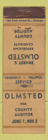 Matchbook Cover - Ernest Olmsted County Auditor Election WEAR