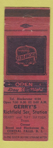 Matchbook Cover - Richfield oil gas Gerry's Central Falls RI