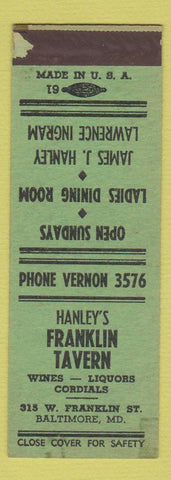 Matchbook Cover - Hanley's Franklin Tavern Baltimore MD SAMPLE WORN