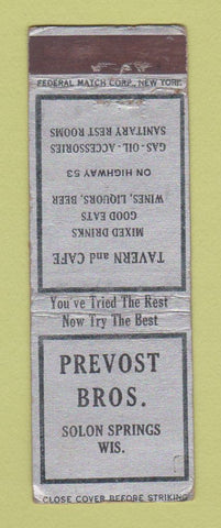 Matchbook Cover - Prevost Bros Solon Springs WI FEDERAL LONG WORN