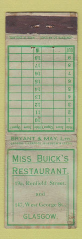 Matchbook Cover - Miss Buick's Restaurant Glasgow WORN