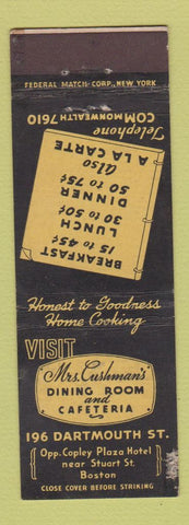 Matchbook Cover - Mrs. Cushman's Dining Room Boston MA Federal