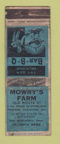 Matchbook Cover - Mowry's Farm BBQ Flairton PA Cloverleaf POOR