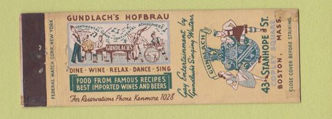 Matchbook Cover - Gundlach's Hofbrau Boston MA Federal